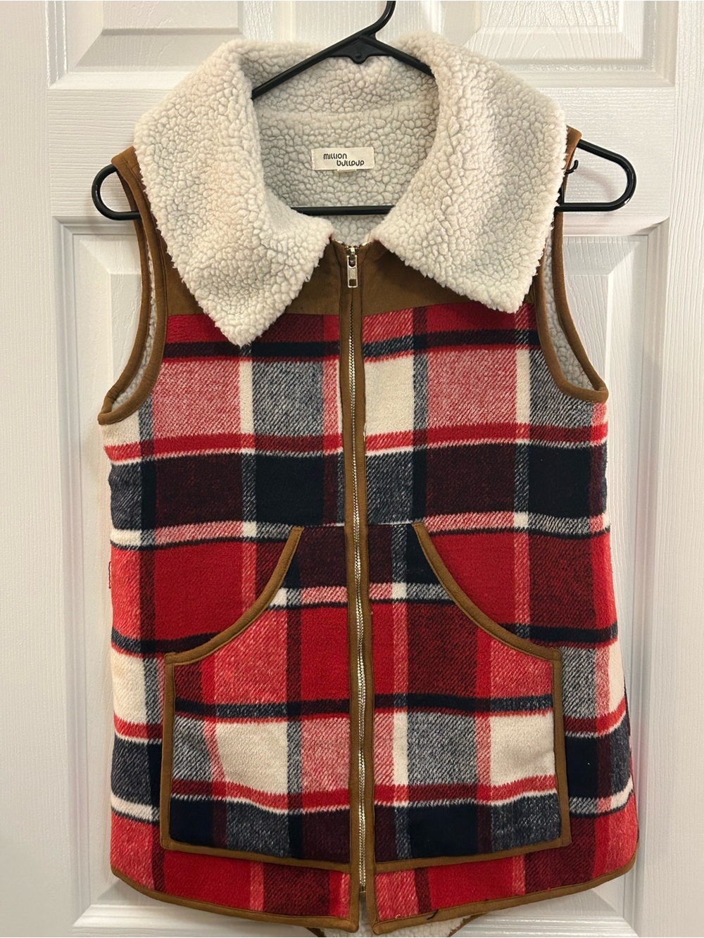Million Bullpup Plaid Sherpa Lined Zip Vest Red Buffalo Check Size Small